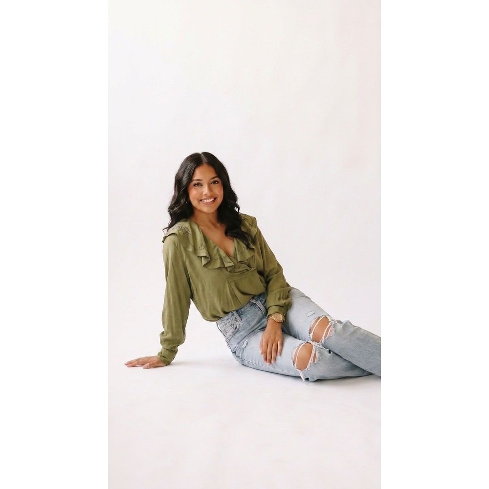 Olive Green Ruffle V-Neck Blouse Eyelet Embroidered Cottagecore Long Sleeve Top